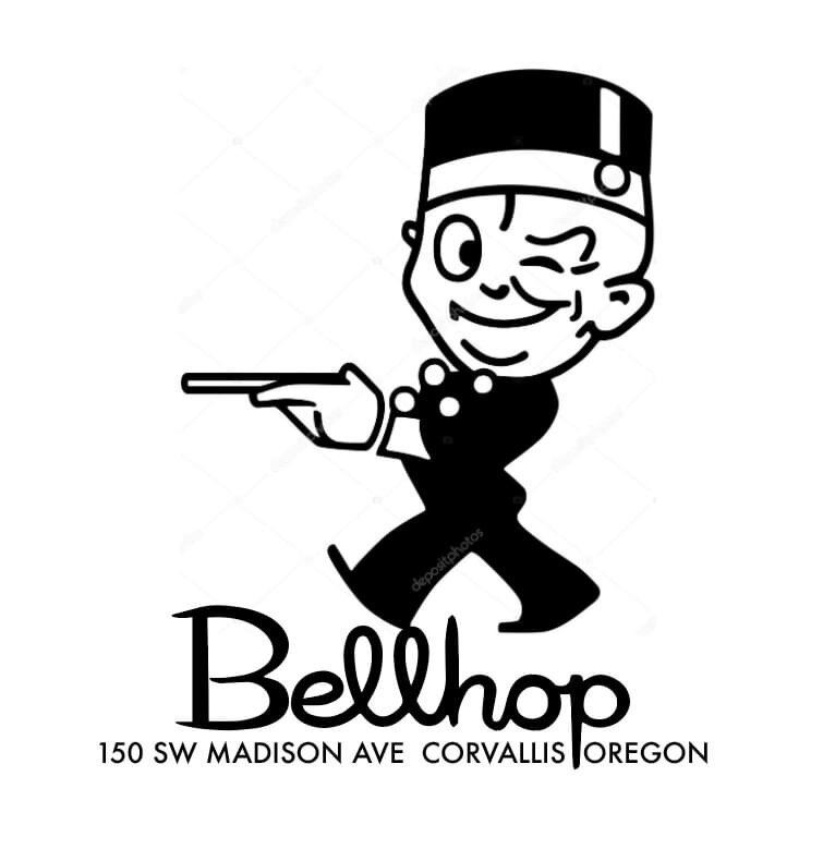Vintage Bellhop mascot with the address 150 SW Madison Ave, Corvallis, Oregon
